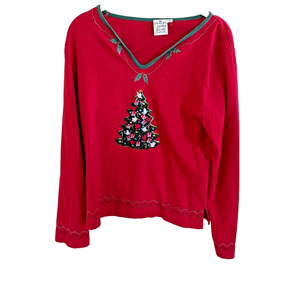 VTG Parsley Sage Top Red Christmas Tree Shirt Sequins Beads Embroidered Small